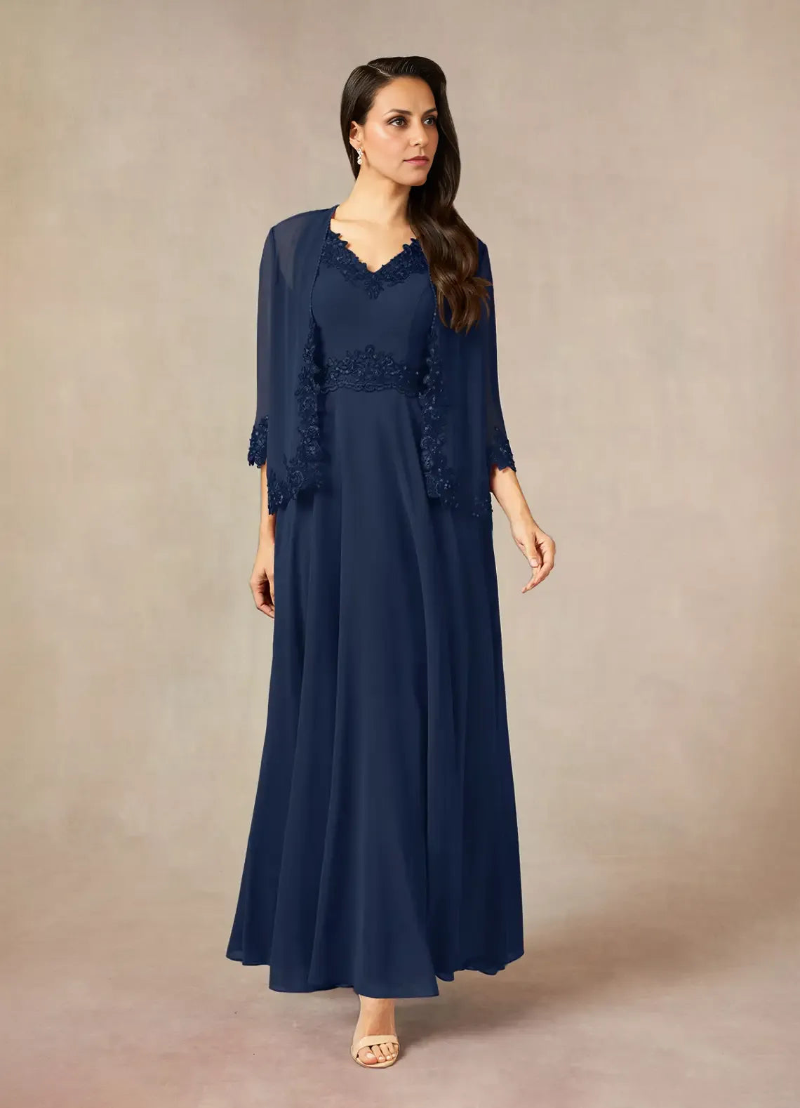 Weitese Dress Solid Color Dark Navy A-Line Sequins Chiffon Dress Ankle-Length Three-Quarter Sleeve  V-Neck V back Mother of the Bride Dress