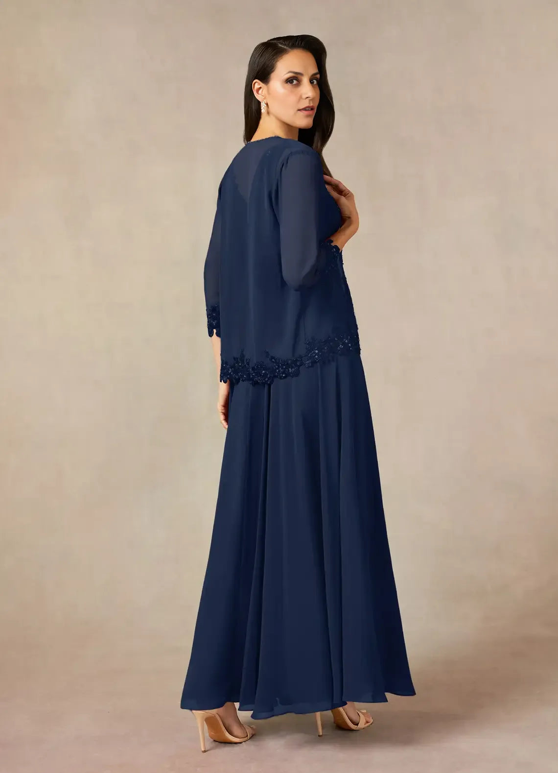 Weitese Dress Solid Color Dark Navy A-Line Sequins Chiffon Dress Ankle-Length Three-Quarter Sleeve  V-Neck V back Mother of the Bride Dress