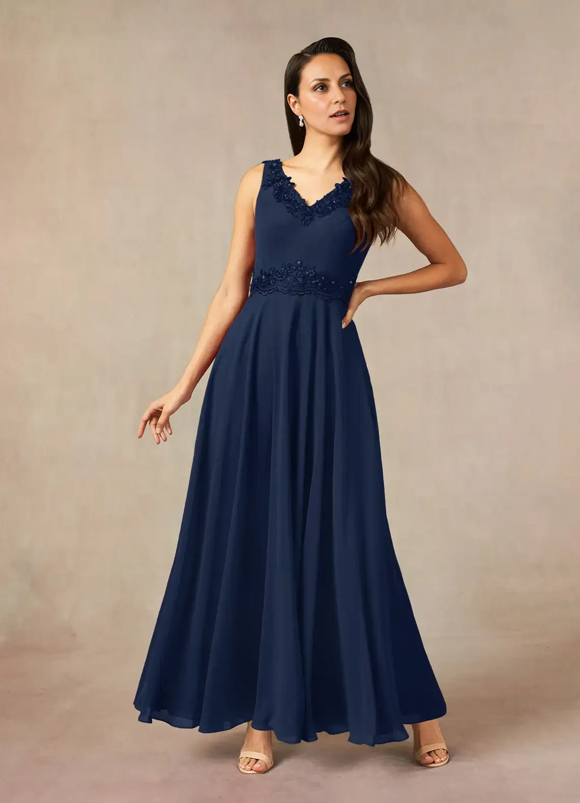 Weitese Dress Solid Color Dark Navy A-Line Sequins Chiffon Dress Ankle-Length Three-Quarter Sleeve  V-Neck V back Mother of the Bride Dress