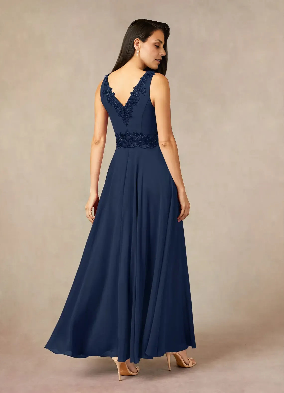 Weitese Dress Solid Color Dark Navy A-Line Sequins Chiffon Dress Ankle-Length Three-Quarter Sleeve  V-Neck V back Mother of the Bride Dress