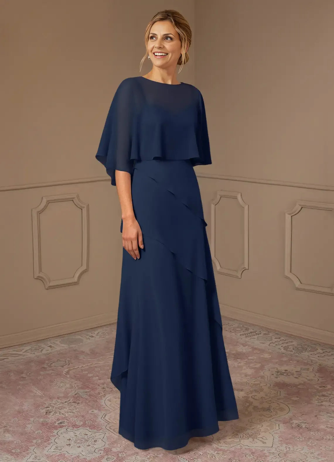 Weitese Dress A-Line Scoop Neck Chiffon Dress Mother Of The Bride Dresses Elegant Cap Sleeves Capelet Evening Dress