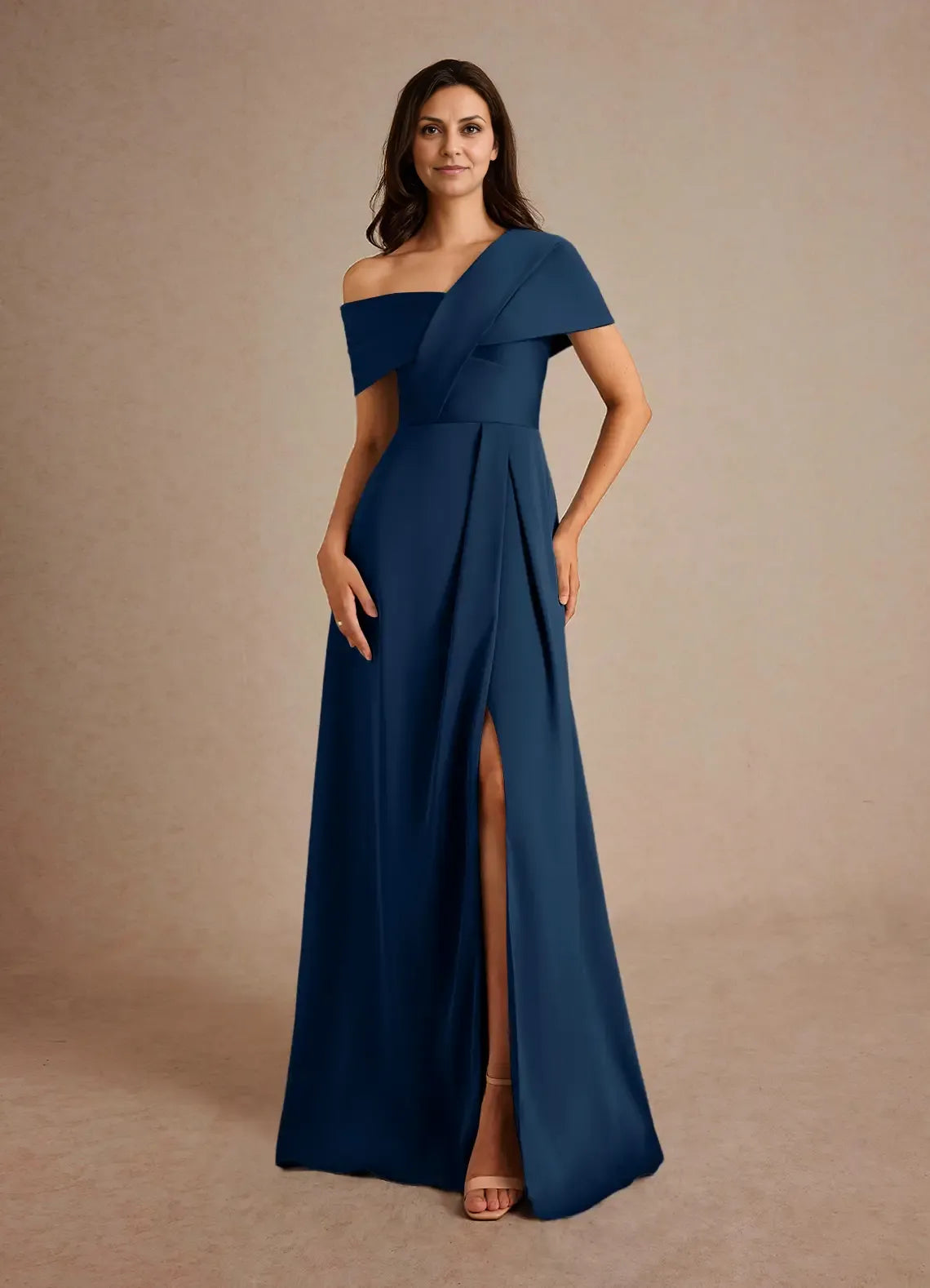 Weitese Dress Champagne A-Line Pleated Satin Maxi Dress Elegant Off the Shoulder Slit Mother of the Bride Dress