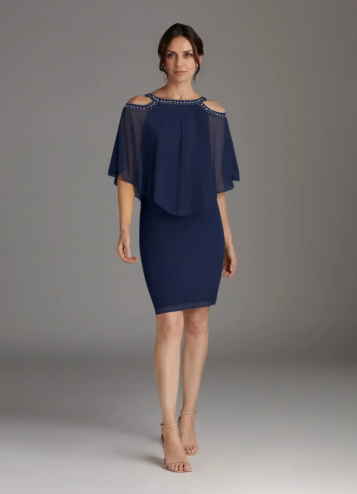 Dark Navy Sheath Sequins Knee-Length Dress Cold Shoulder Sleeve Solid Color Fashion Scoop Neck Mother of the Bride Dress