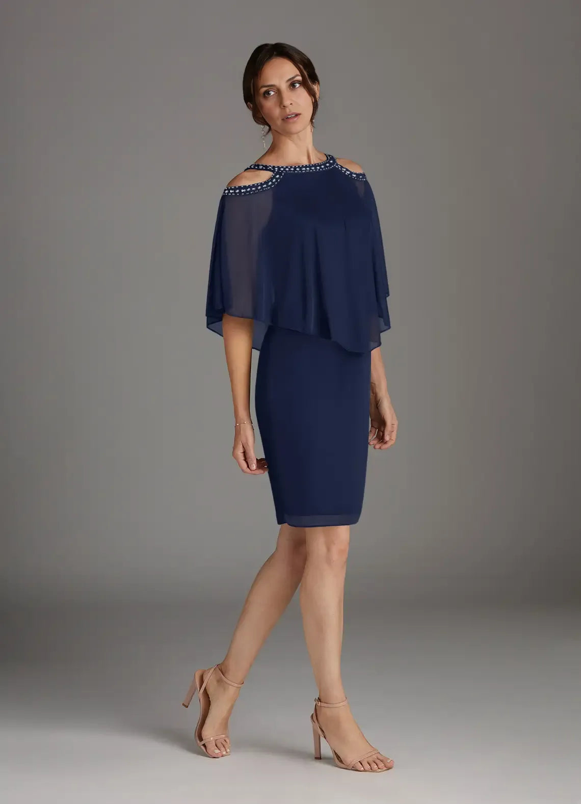Dark Navy Sheath Sequins Knee-Length Dress Cold Shoulder Sleeve Solid Color Fashion Scoop Neck Mother of the Bride Dress