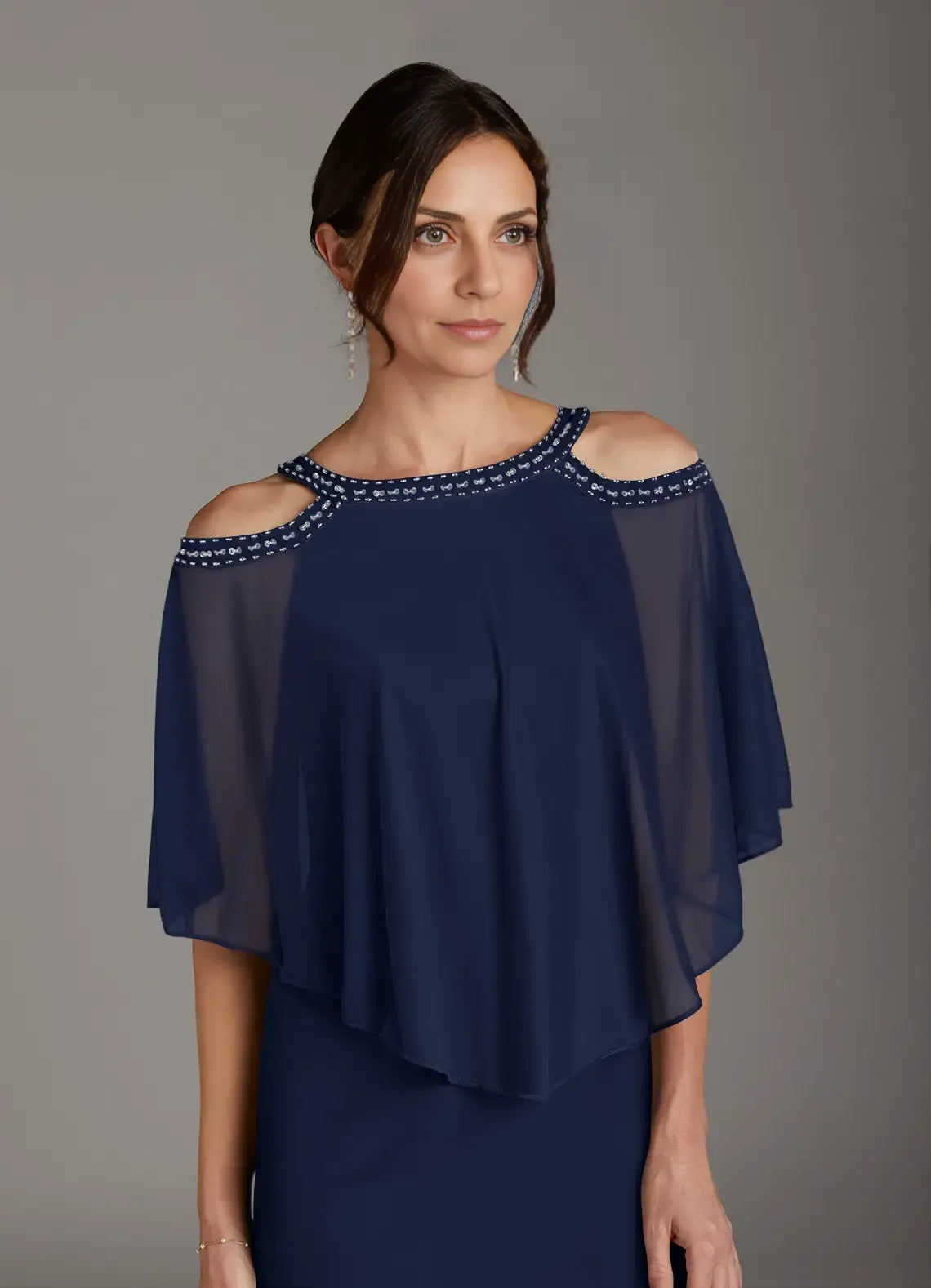 Dark Navy Sheath Sequins Knee-Length Dress Cold Shoulder Sleeve Solid Color Fashion Scoop Neck Mother of the Bride Dress