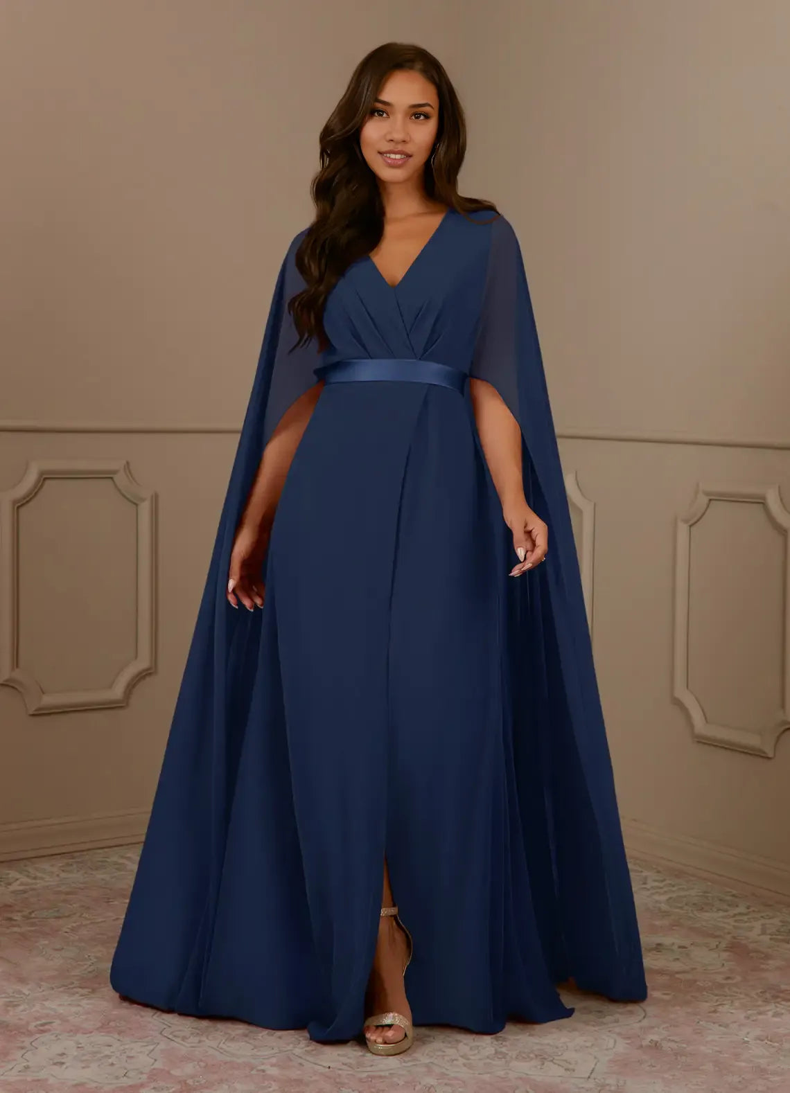 Robe Weitese bleu marine foncé, col en V, mousseline plissée, coupe trapèze, robe de soirée pour mère de la mariée, minimaliste, manches cape, fermeture éclair au dos, grande taille 