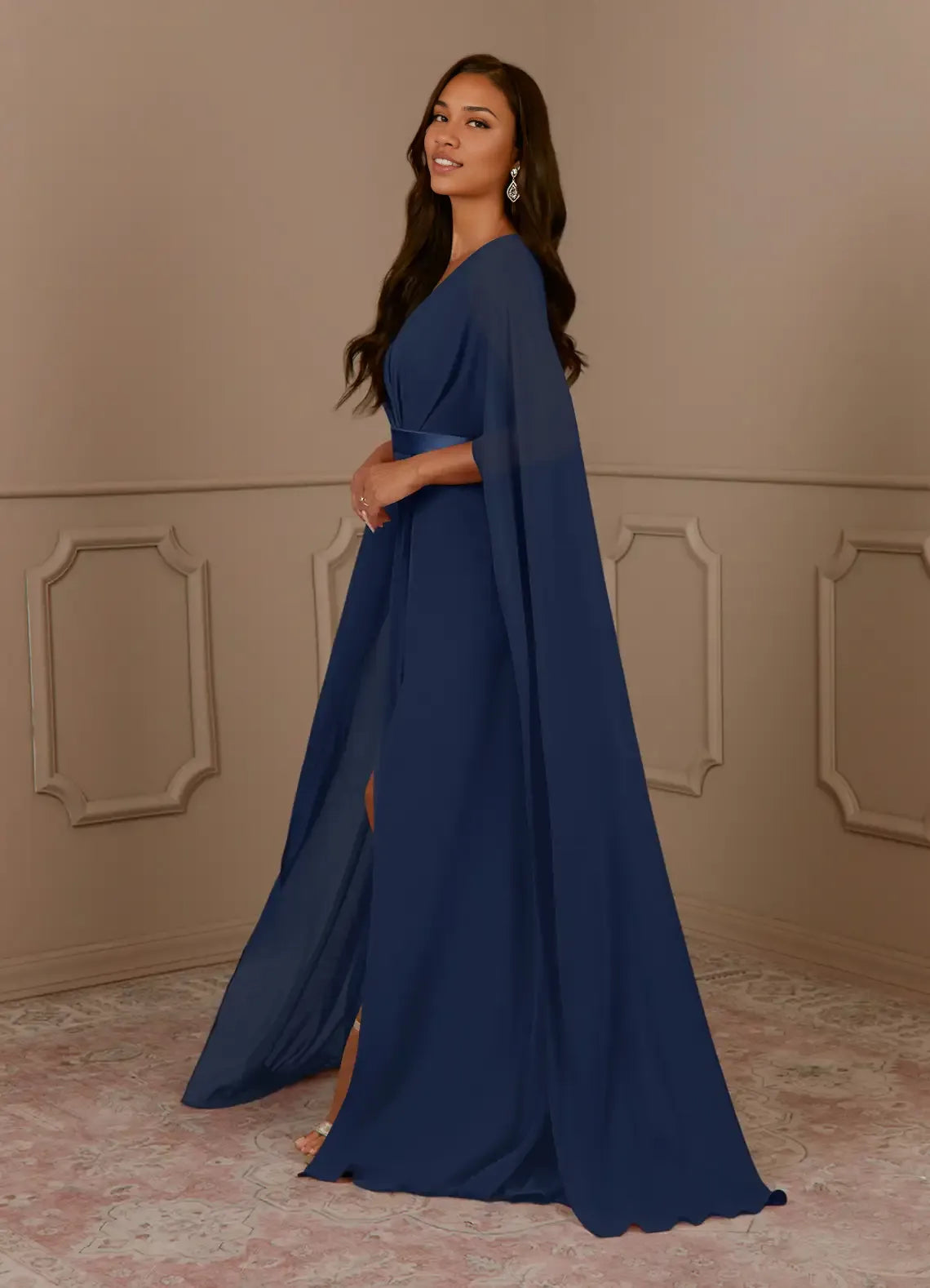 Robe Weitese bleu marine foncé, col en V, mousseline plissée, coupe trapèze, robe de soirée pour mère de la mariée, minimaliste, manches cape, fermeture éclair au dos, grande taille 