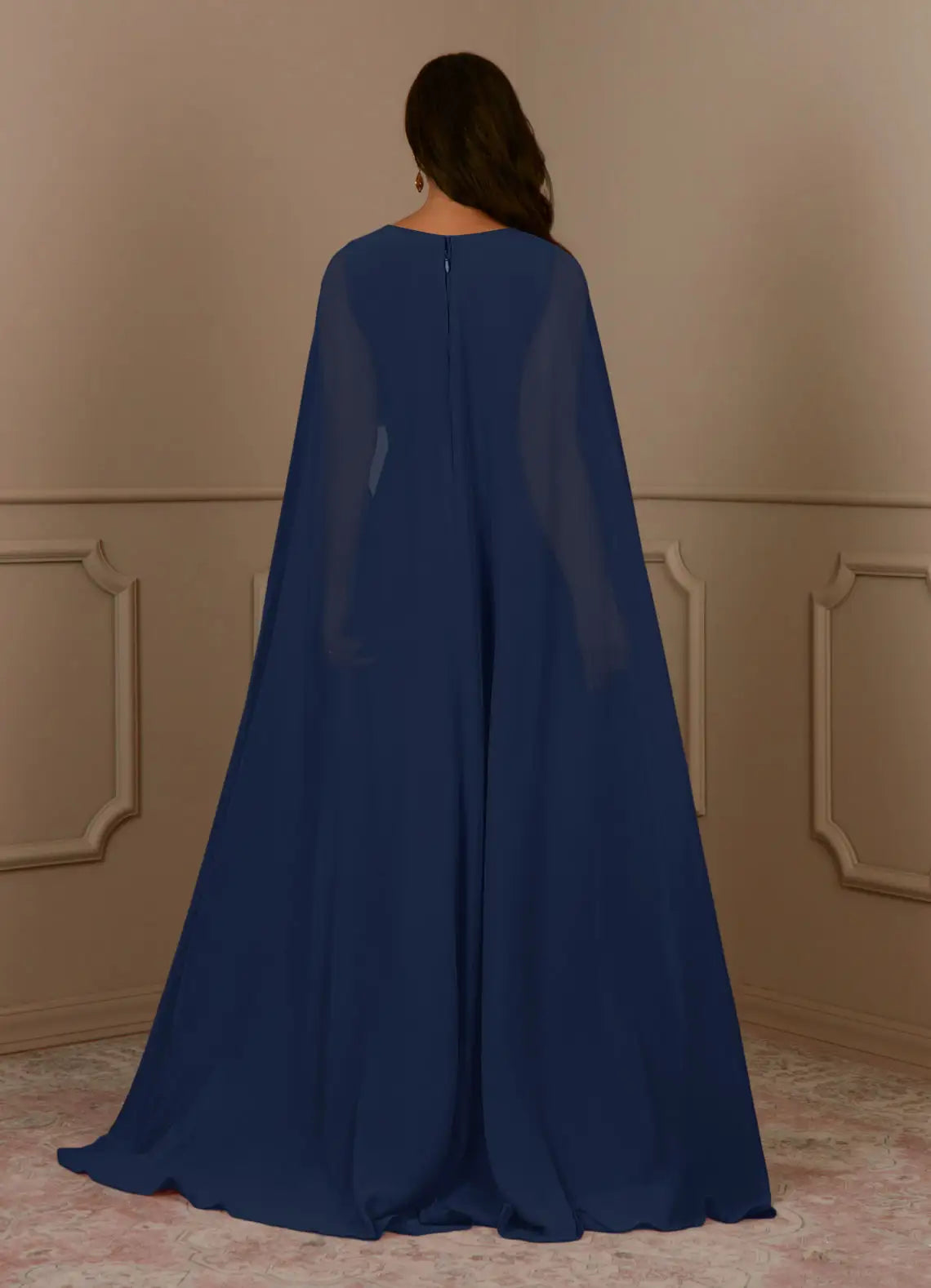 Robe Weitese bleu marine foncé, col en V, mousseline plissée, coupe trapèze, robe de soirée pour mère de la mariée, minimaliste, manches cape, fermeture éclair au dos, grande taille 