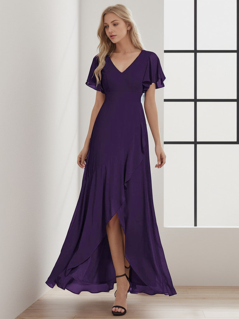 Charmante robe de demoiselle d'honneur en mousseline de soie Weitese avec ourlet en feuille de lotus