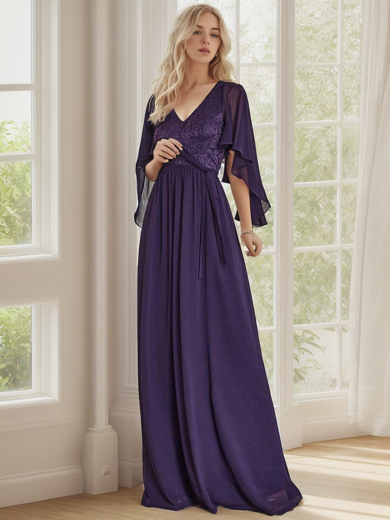 Weitese Deep V Neck Lace Bodice Long Flowy Evening Dress