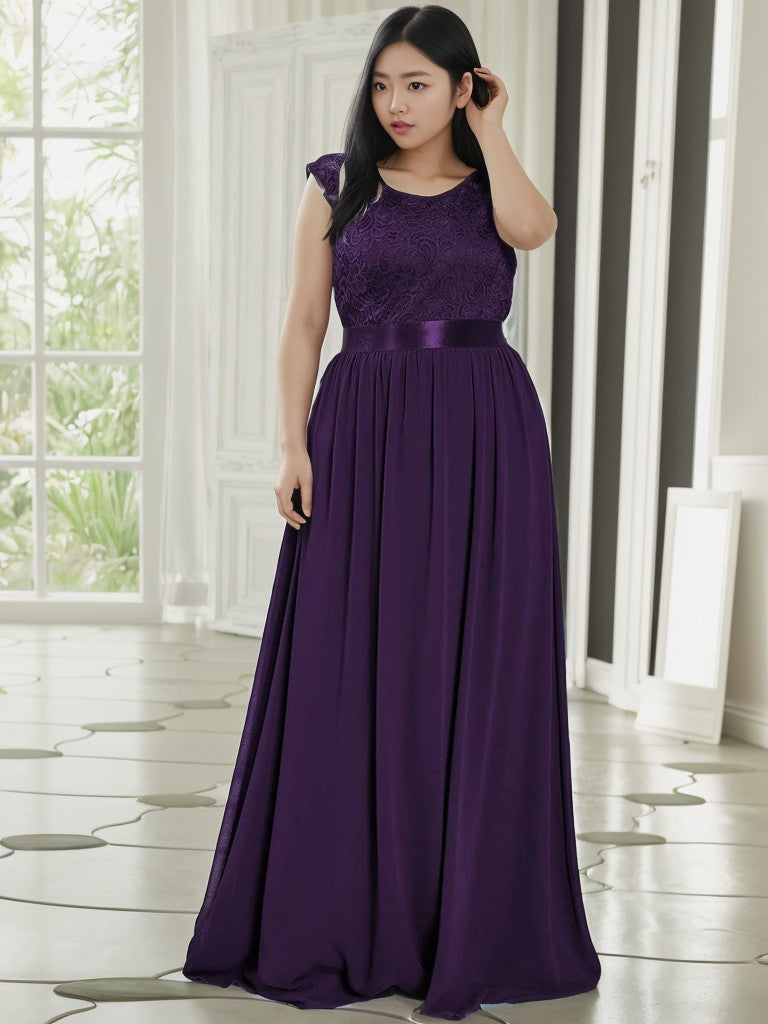 Robe de demoiselle d'honneur Weitese grande taille, classique, col rond, dos en V, coupe trapèze, en mousseline de soie et dentelle