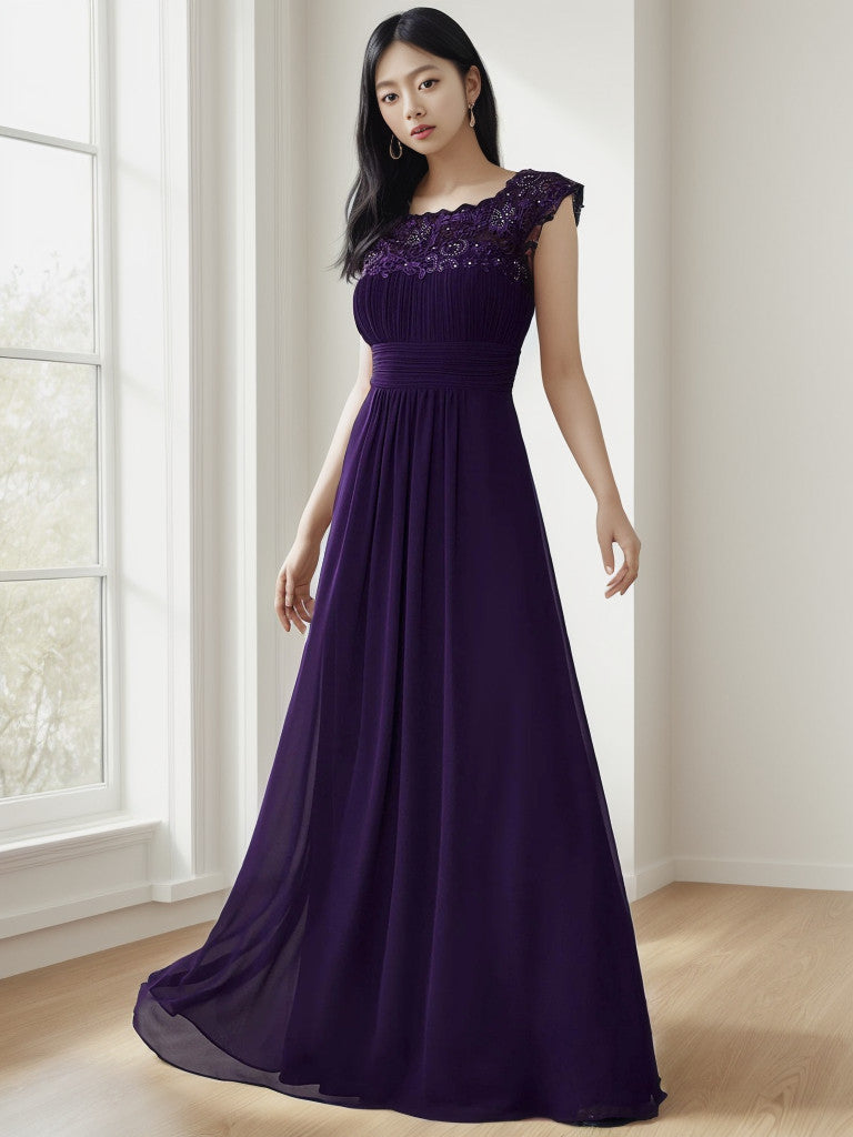 Weitese Maxi Lace Cap Sleeve Long Formal Evening Dress