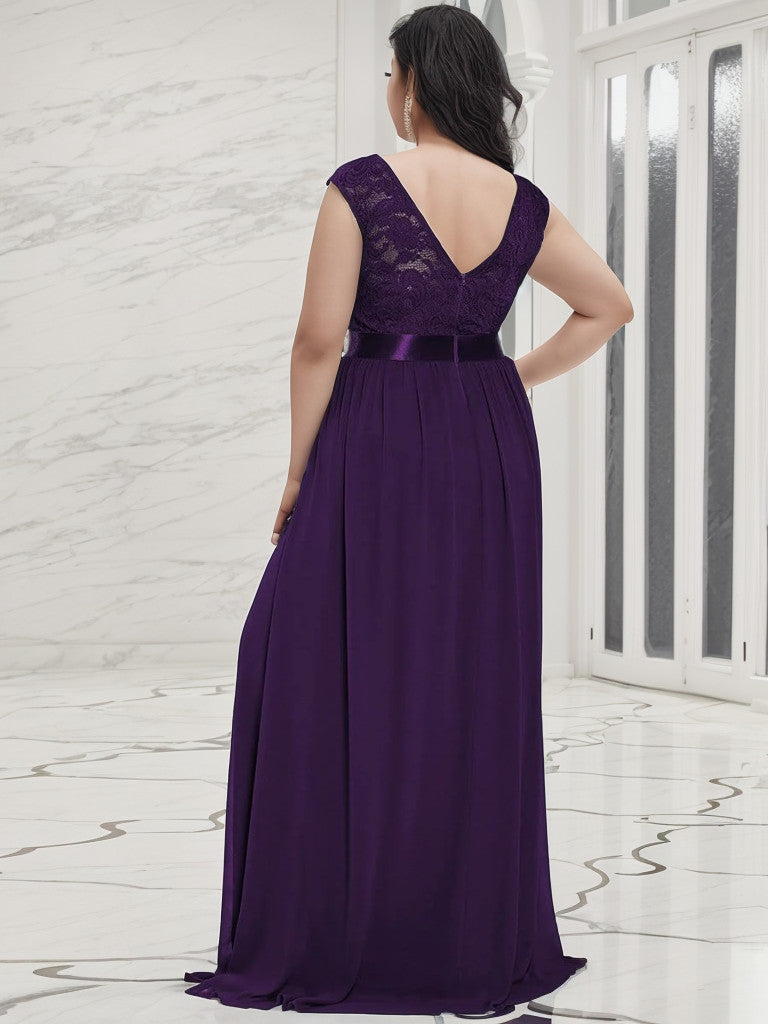 Robe de demoiselle d'honneur Weitese grande taille, classique, col rond, dos en V, coupe trapèze, en mousseline de soie et dentelle