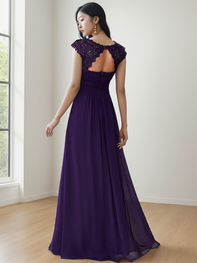 Weitese Maxi Lace Cap Sleeve Long Formal Evening Dress