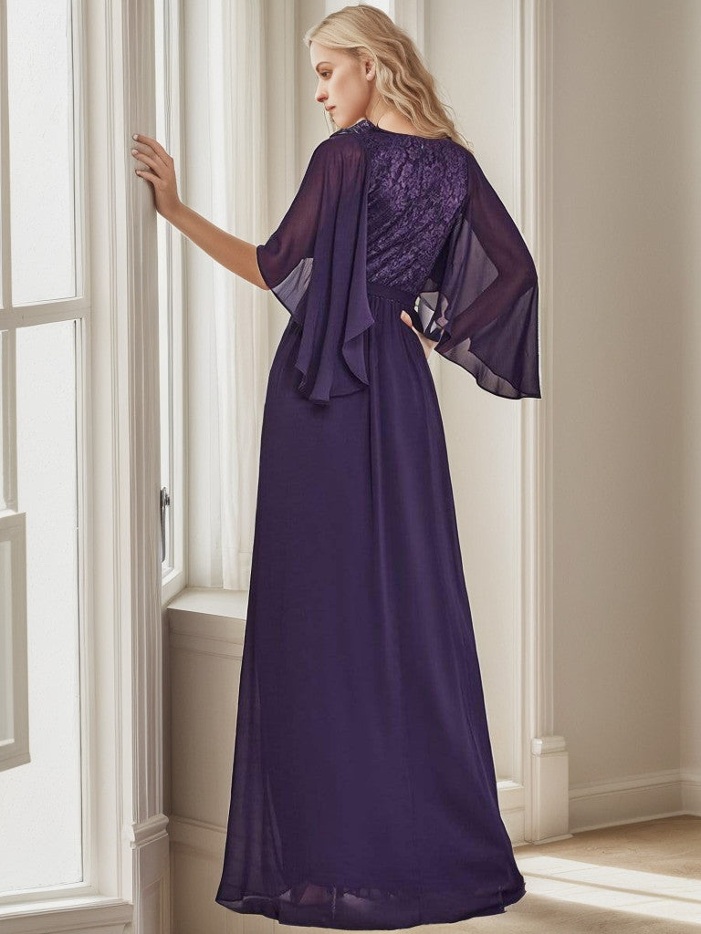 Weitese Deep V Neck Lace Bodice Long Flowy Evening Dress