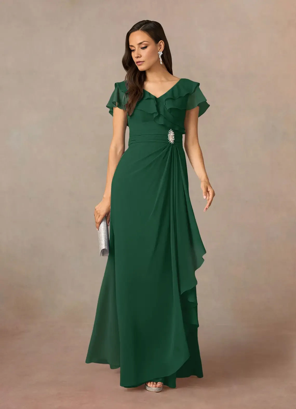 Robe Weitese bleu marine foncé, coupe trapèze, col en V, en mousseline froncée, robe de soirée pour mère de la mariée, élégante, volantée, manches flottantes, dos en V, grande taille 