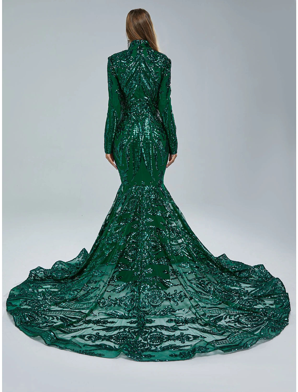 Close-up of the intricate lace and sequin details on the long sleeve and stand collar of the Weitese gown.