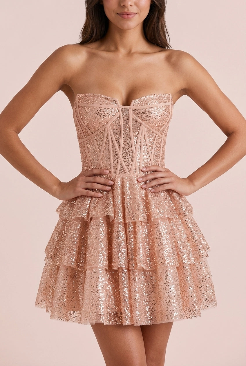 Dazzling A-Line Sweetheart Corset Tiered Sequin Rose Gold Short Homecoming Dresses