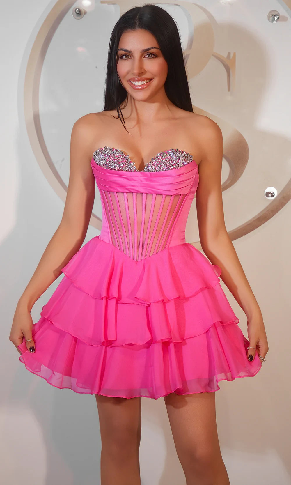 Dazzling A-Line Sweetheart Embellished Tiered Ruffled Fuchsia Mini Homecoming Dress