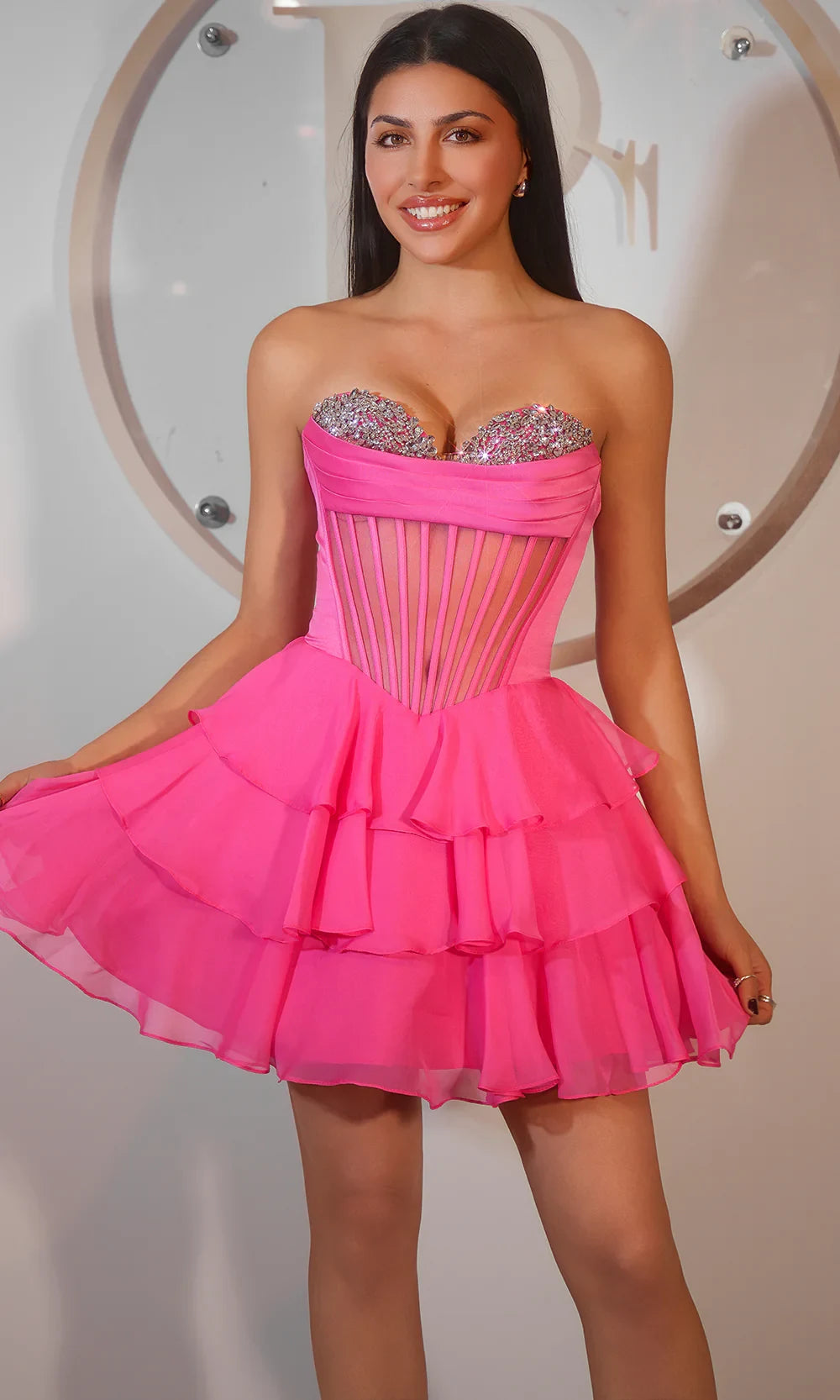 Dazzling A-Line Sweetheart Embellished Tiered Ruffled Fuchsia Mini Homecoming Dress