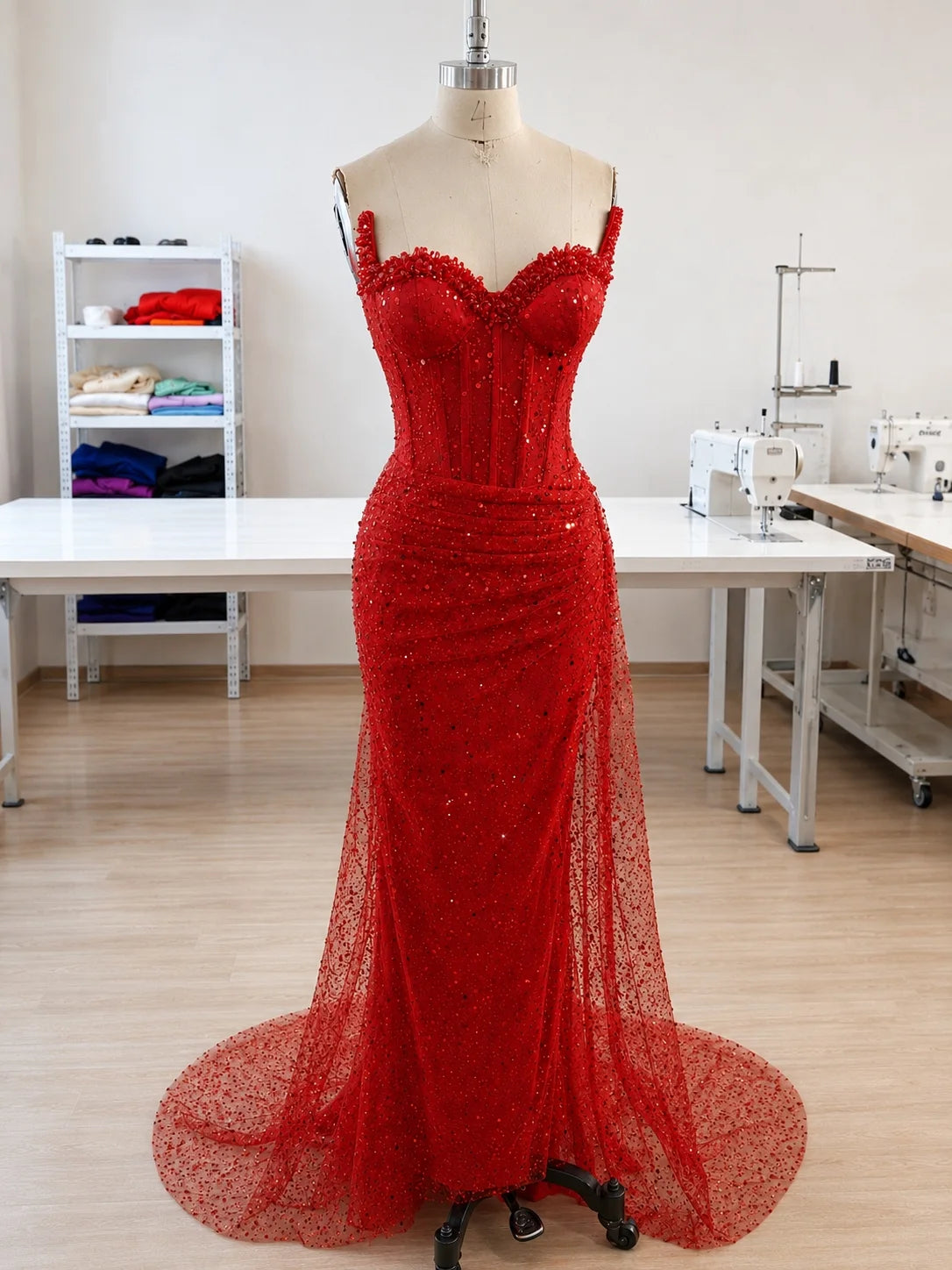 Dazzling Mermaid Sweetheart Beaded Corset Red Floor-Length Wedding Dress
