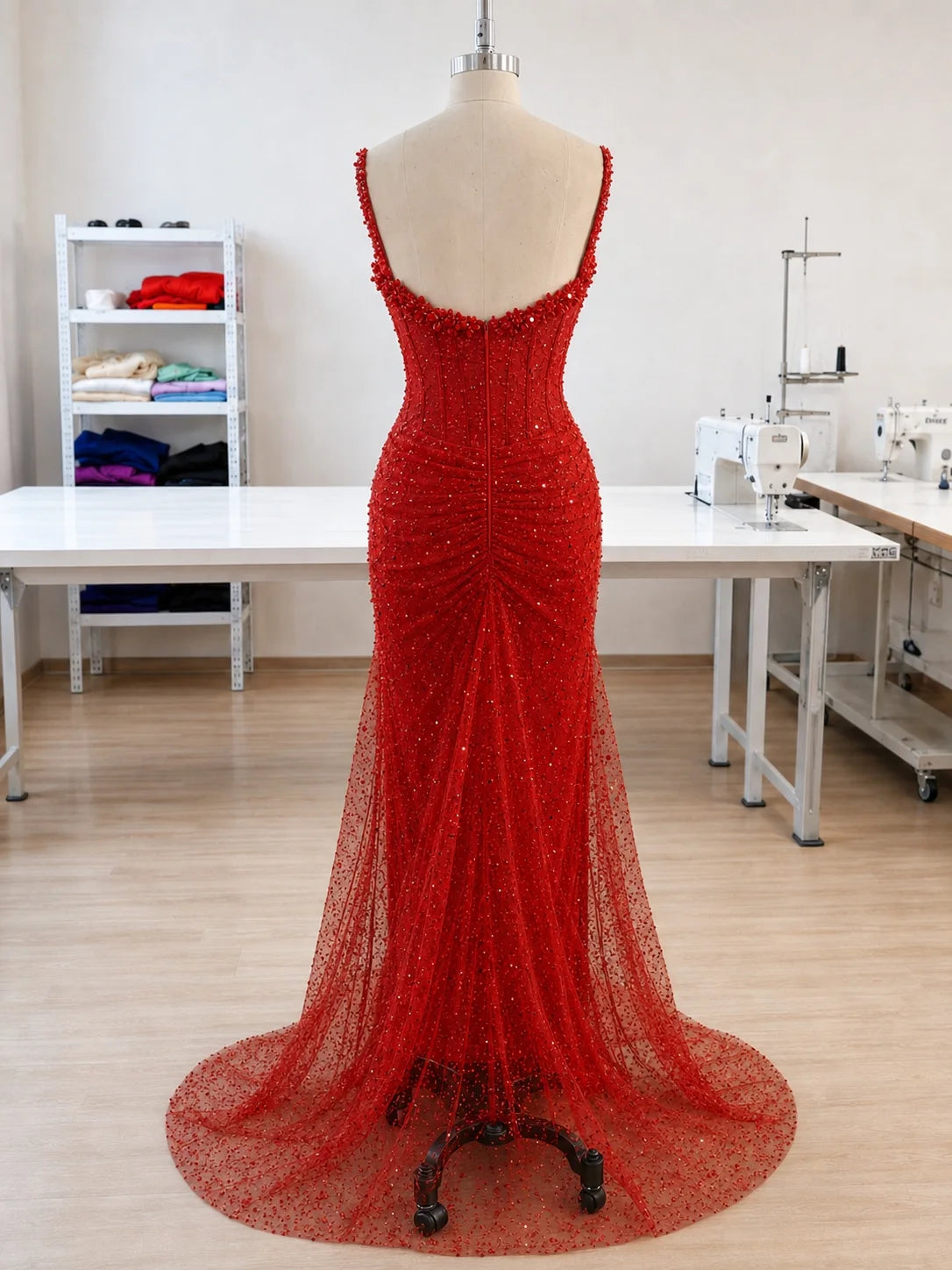 Dazzling Mermaid Sweetheart Beaded Corset Red Floor-Length Wedding Dress
