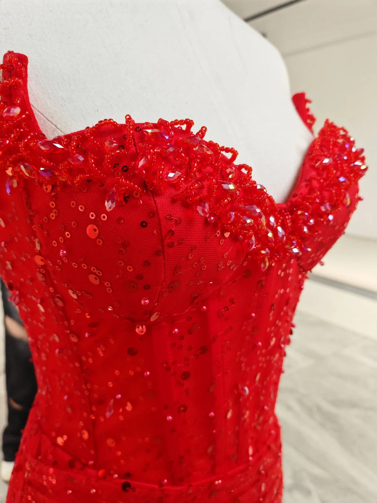 Dazzling Mermaid Sweetheart Beaded Corset Red Floor-Length Wedding Dress