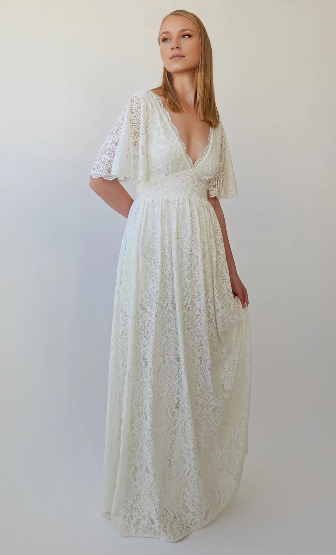 Deep V Neck Butterfly Sleeves Ivory Bohemian Empire Lace Wedding Dress With Open back