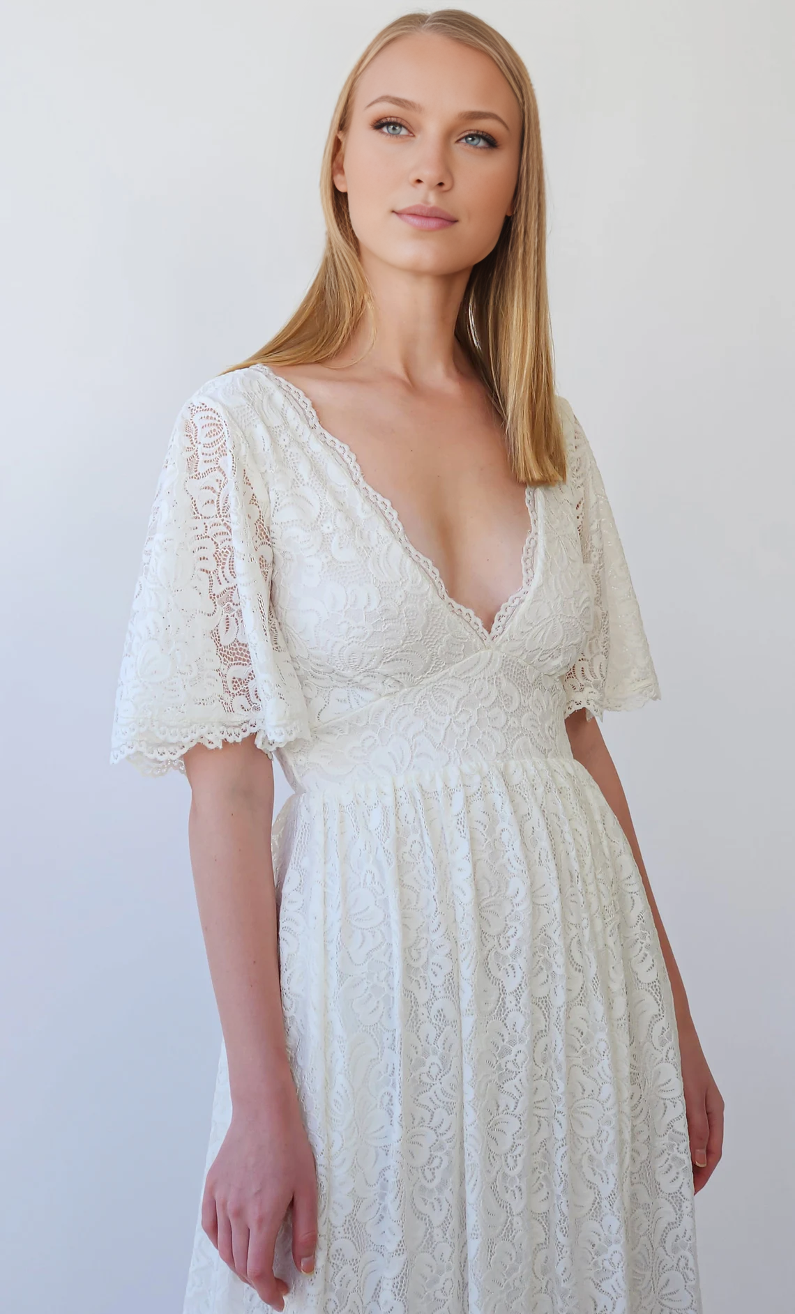 Deep V Neck Butterfly Sleeves Ivory Bohemian Empire Lace Wedding Dress With Open back