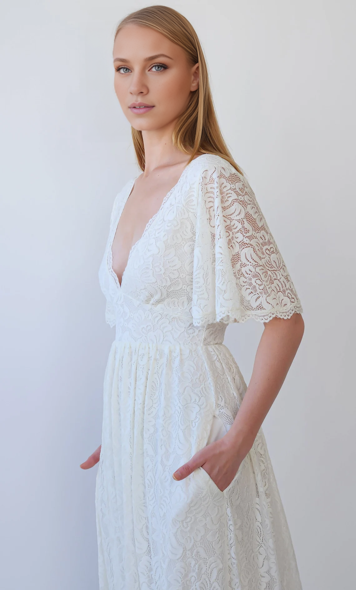 Deep V Neck Butterfly Sleeves Ivory Bohemian Empire Lace Wedding Dress With Open back