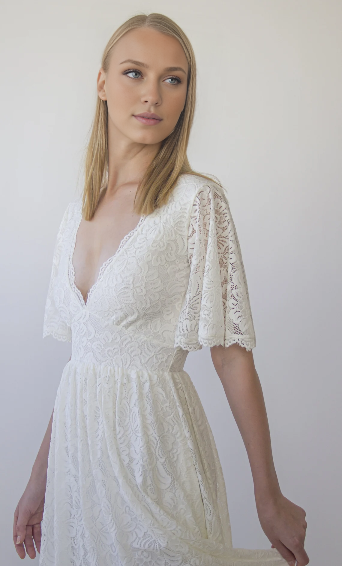 Deep V Neck Butterfly Sleeves Ivory Bohemian Empire Lace Wedding Dress With Open back