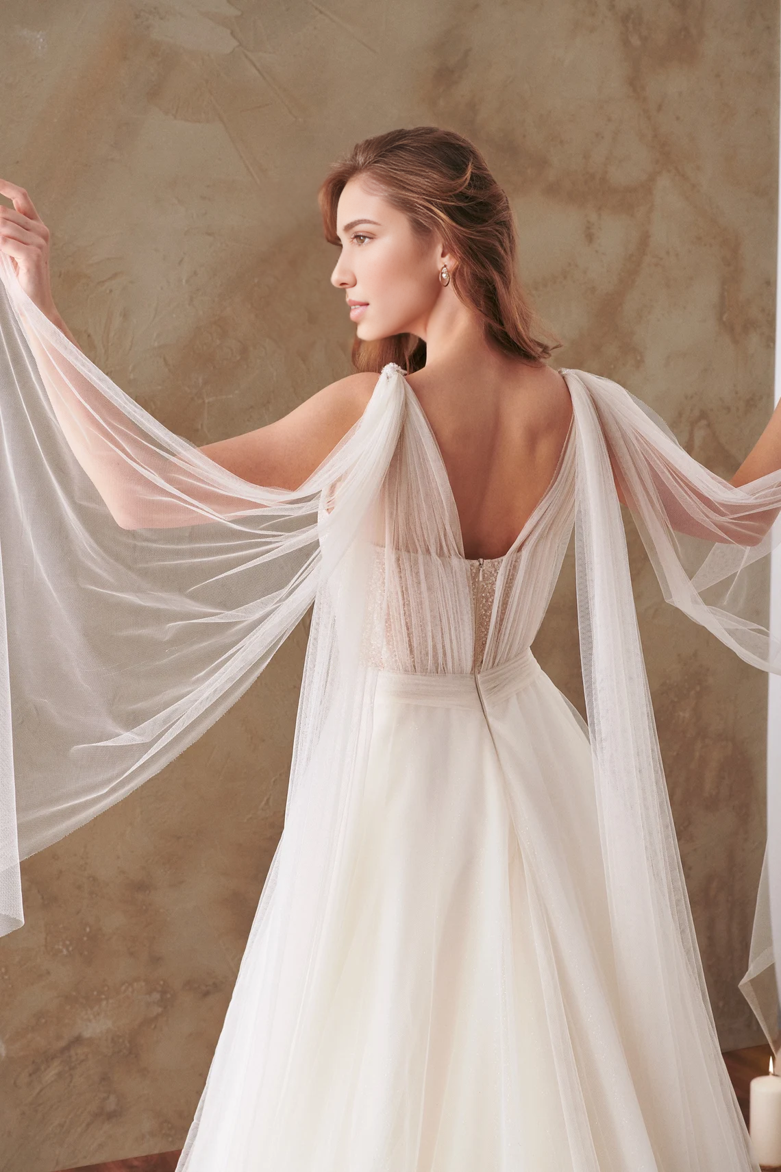 Deep V Neck Fairy Flutter Sleeve Bridal Gown Tulle Sleeveless A-line  Lace Ivory Bridal Gown Hellenistic Bridal Gown