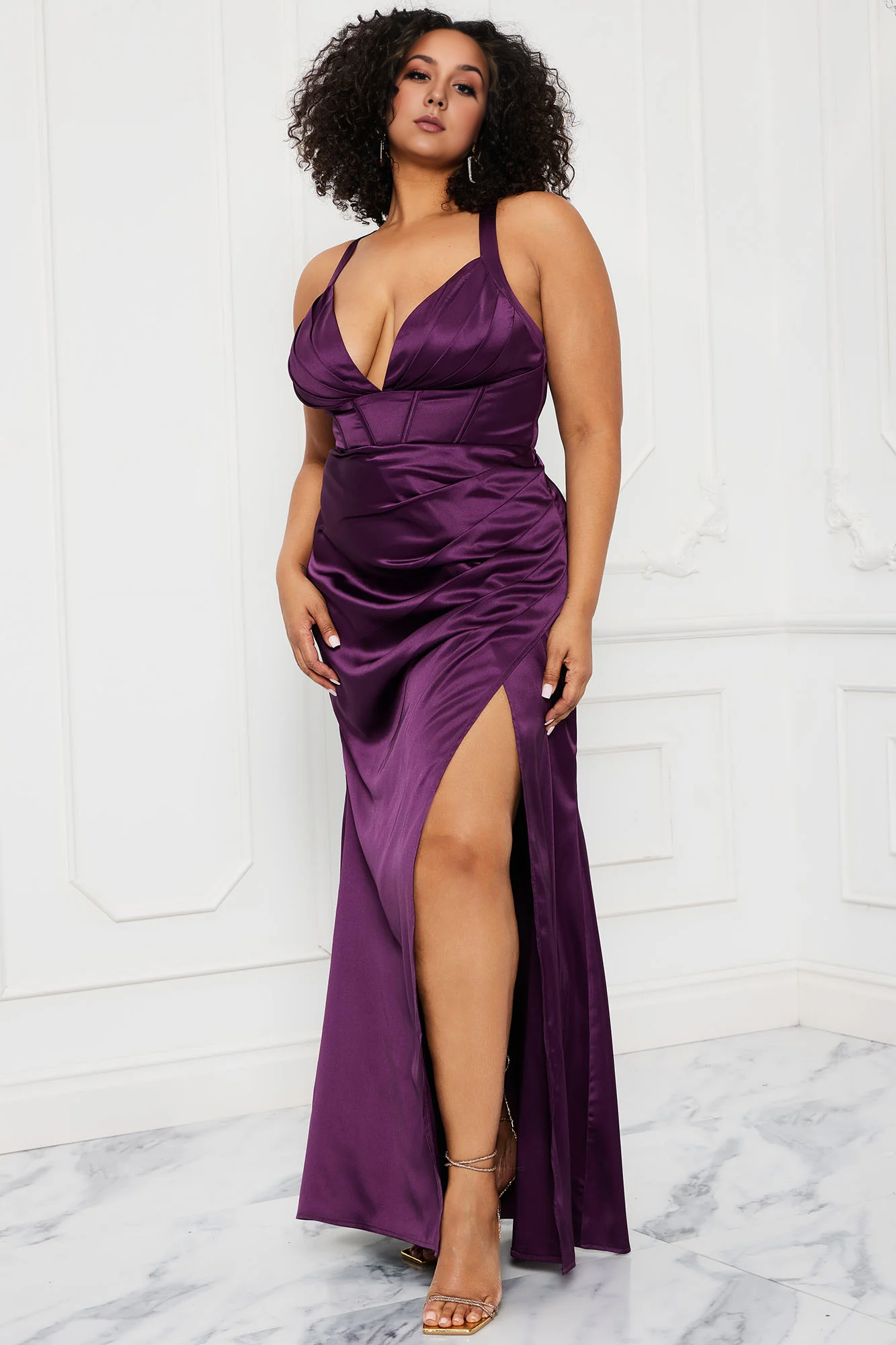 Deep V Neck Mermaid Halter Satin Maxi Dress Purple Sleeveless Prom Dress With Slit
