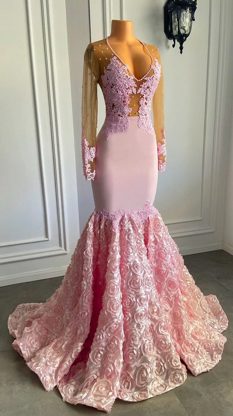 Robe de soirée sirène en tulle, col en V profond, manches longues, dentelle, avec appliques 