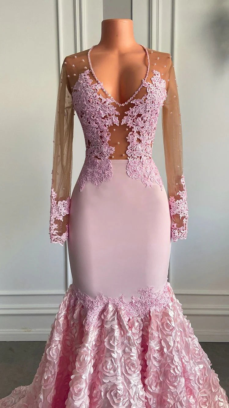 Robe de soirée sirène en tulle, col en V profond, manches longues, dentelle, avec appliques 