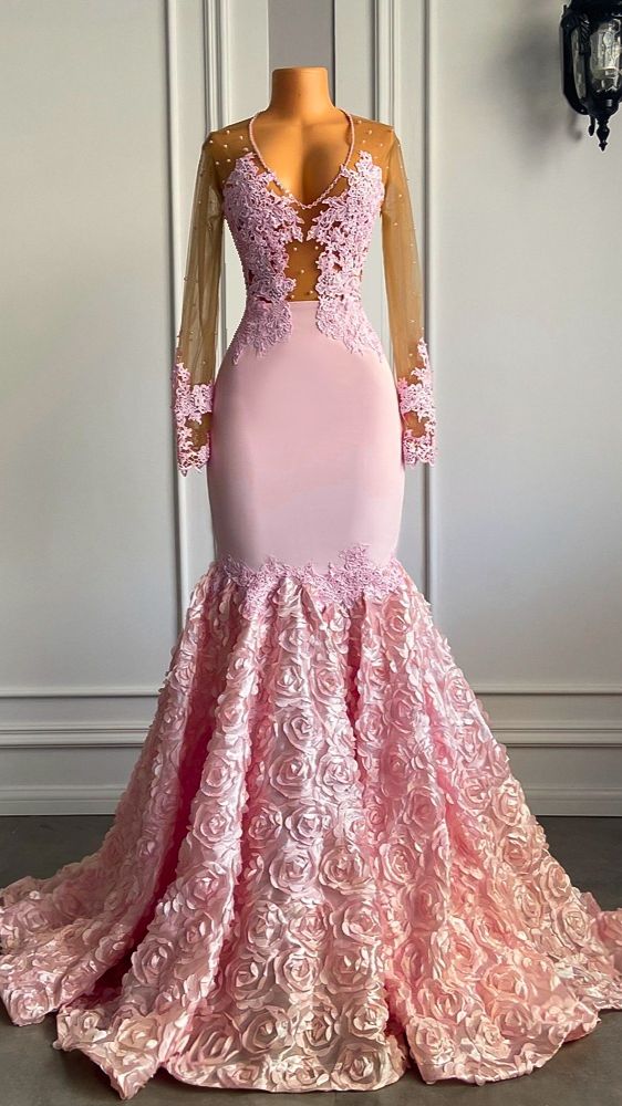 Robe de soirée sirène en tulle, col en V profond, manches longues, dentelle, avec appliques 