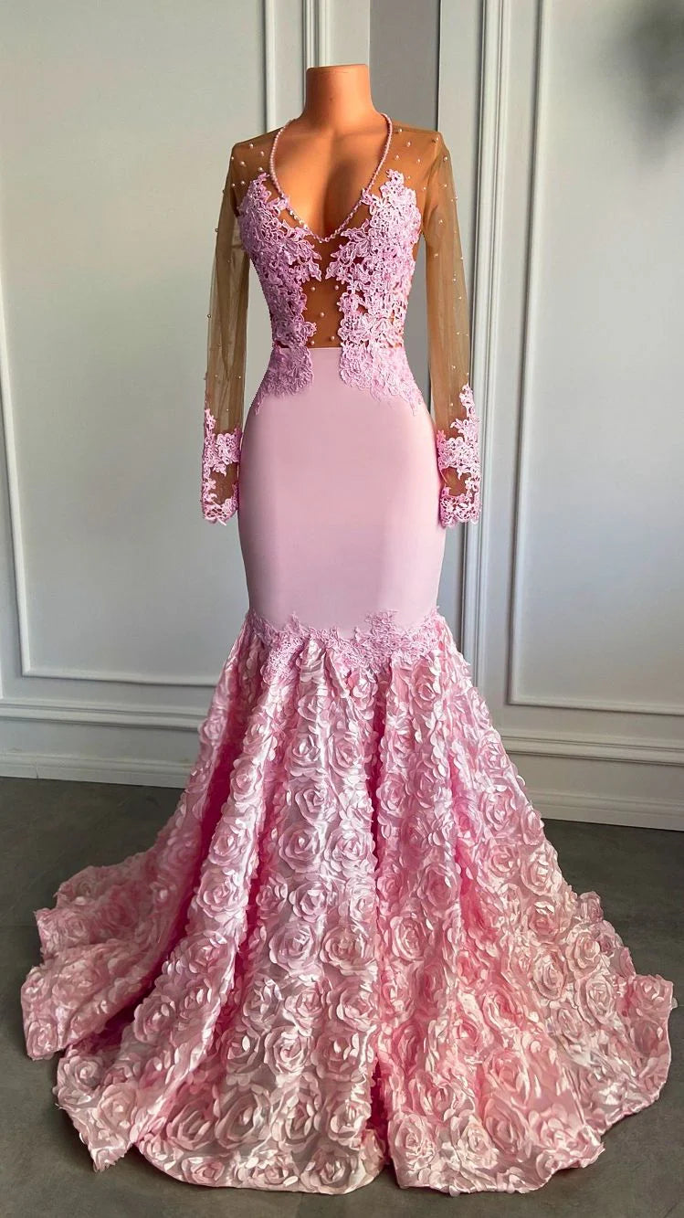 Robe de soirée sirène en tulle, col en V profond, manches longues, dentelle, avec appliques 