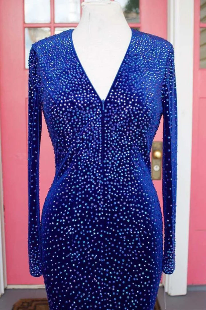 Deep V Neck Royal Blue Velvet Beaded Long Sleeve Mermaid Long Formal Prom Dress