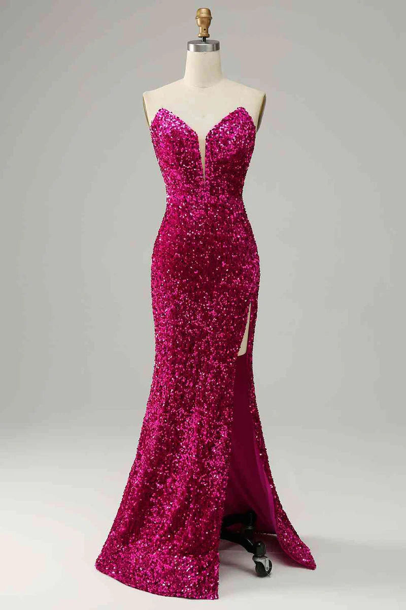 Robe de soirée magenta à décolleté en V profond et paillettes, épaules dénudées, sans bretelles et fente