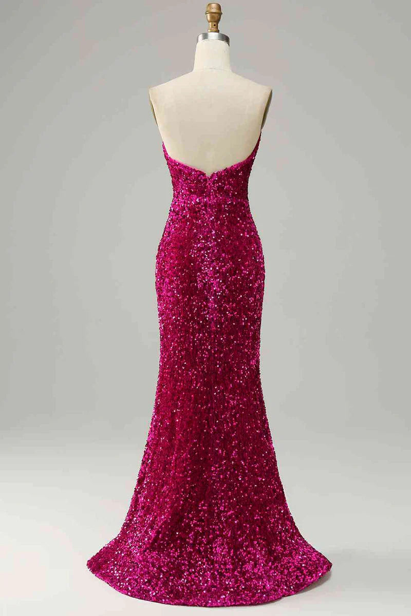Robe de soirée magenta à décolleté en V profond et paillettes, épaules dénudées, sans bretelles et fente