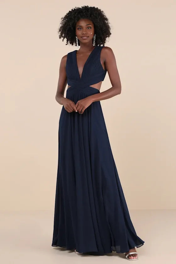 Weitese Formal Women's Dresses Vivid Deep V Neck Sleeveless Navy Blue Cutout Maxi Dress Prom Dress Shops ﻿
