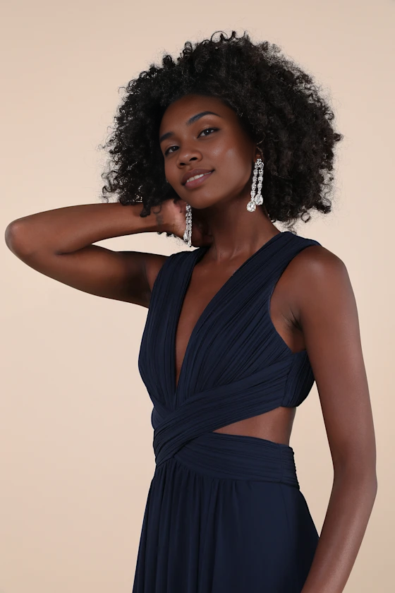 Weitese Formal Women's Dresses Vivid Deep V Neck Sleeveless Navy Blue Cutout Maxi Dress Prom Dress Shops ﻿