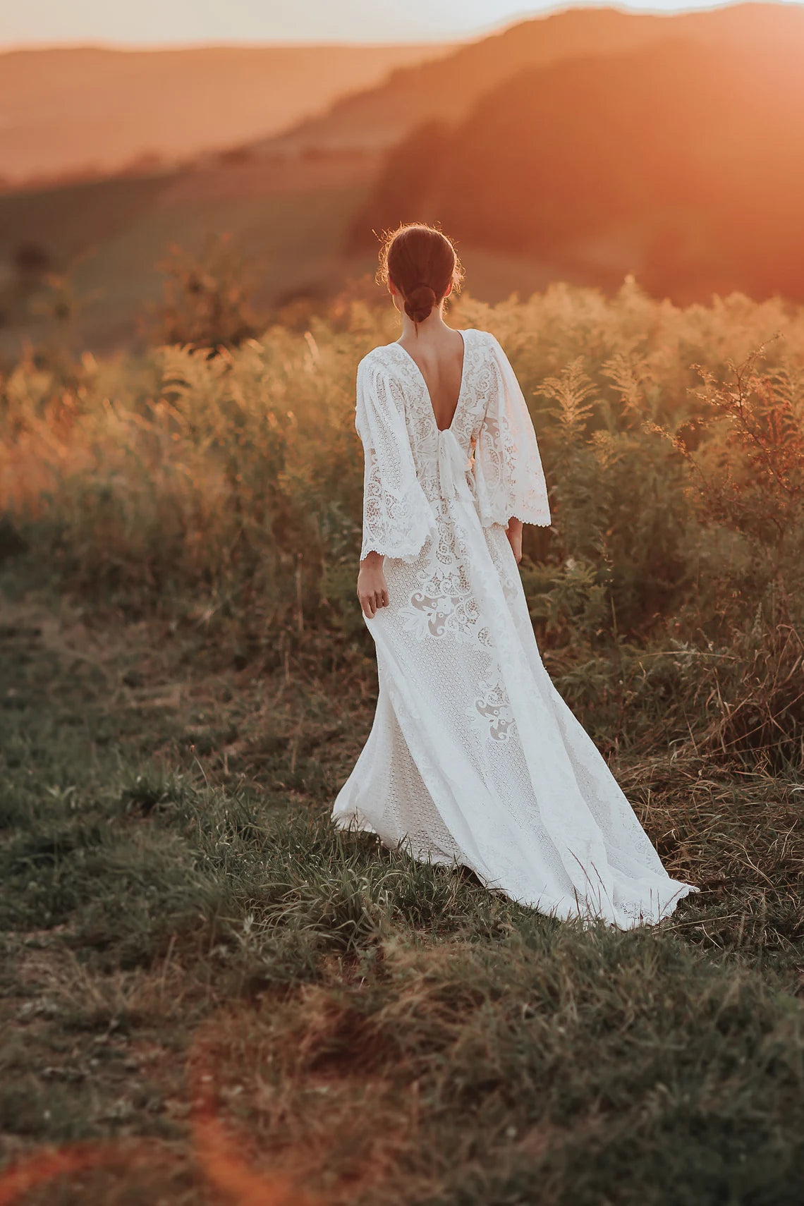 Deep V Neck Wedding Dress Lace Wedding Dress Boho Wedding Dress Elopment Dress Romantic Wedding Dress