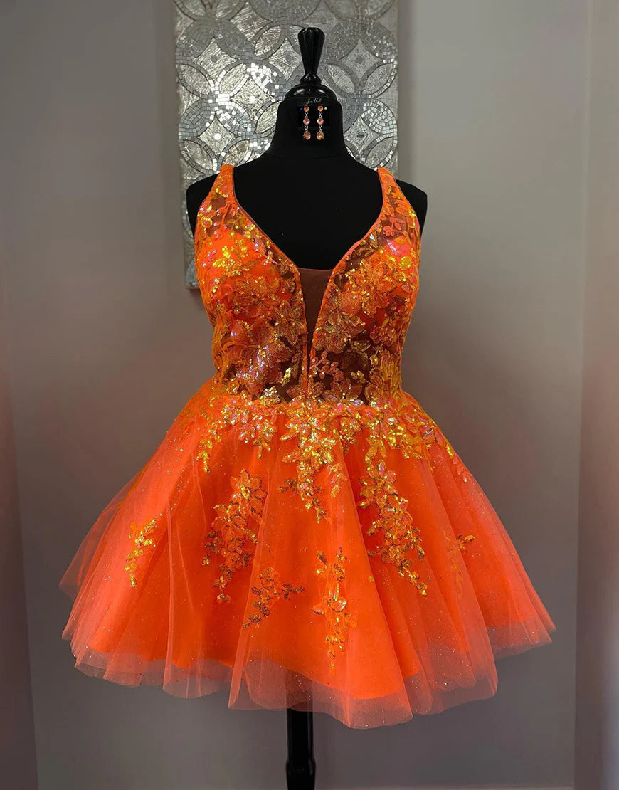 Deep V Neck A-Line Short Homecoming Dress With Appliques