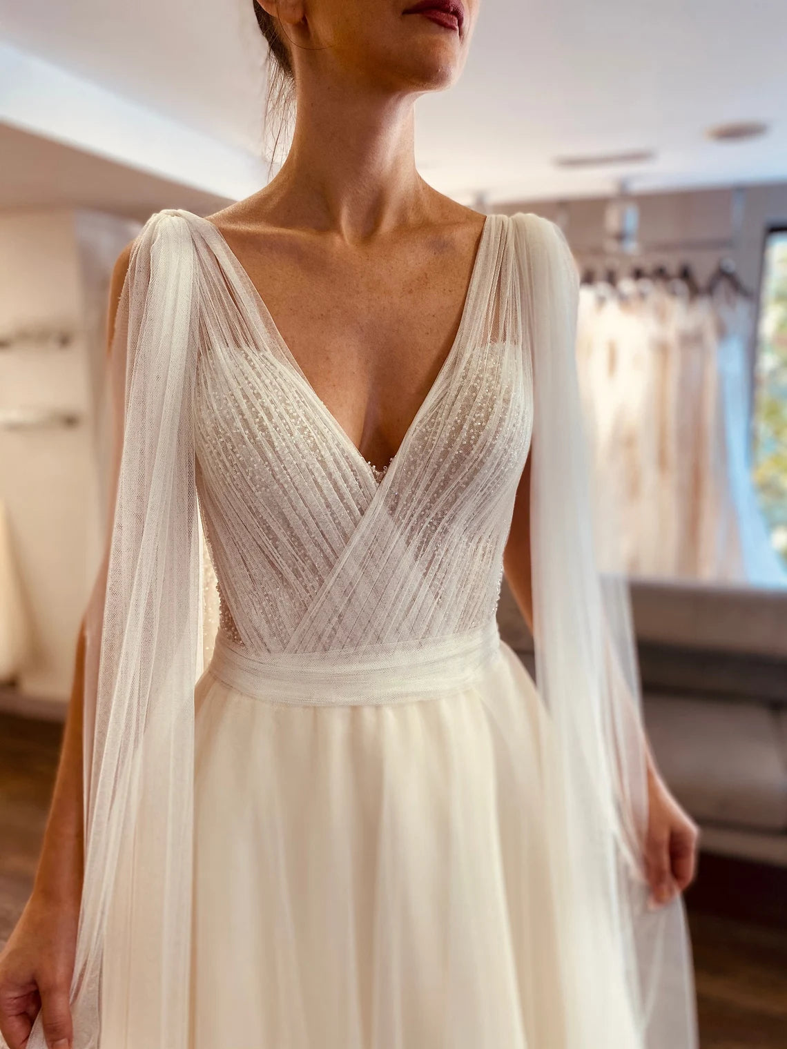 Deep V Neck Fairy Flutter Sleeve Bridal Gown Tulle Sleeveless A-line  Lace Ivory Bridal Gown Hellenistic Bridal Gown