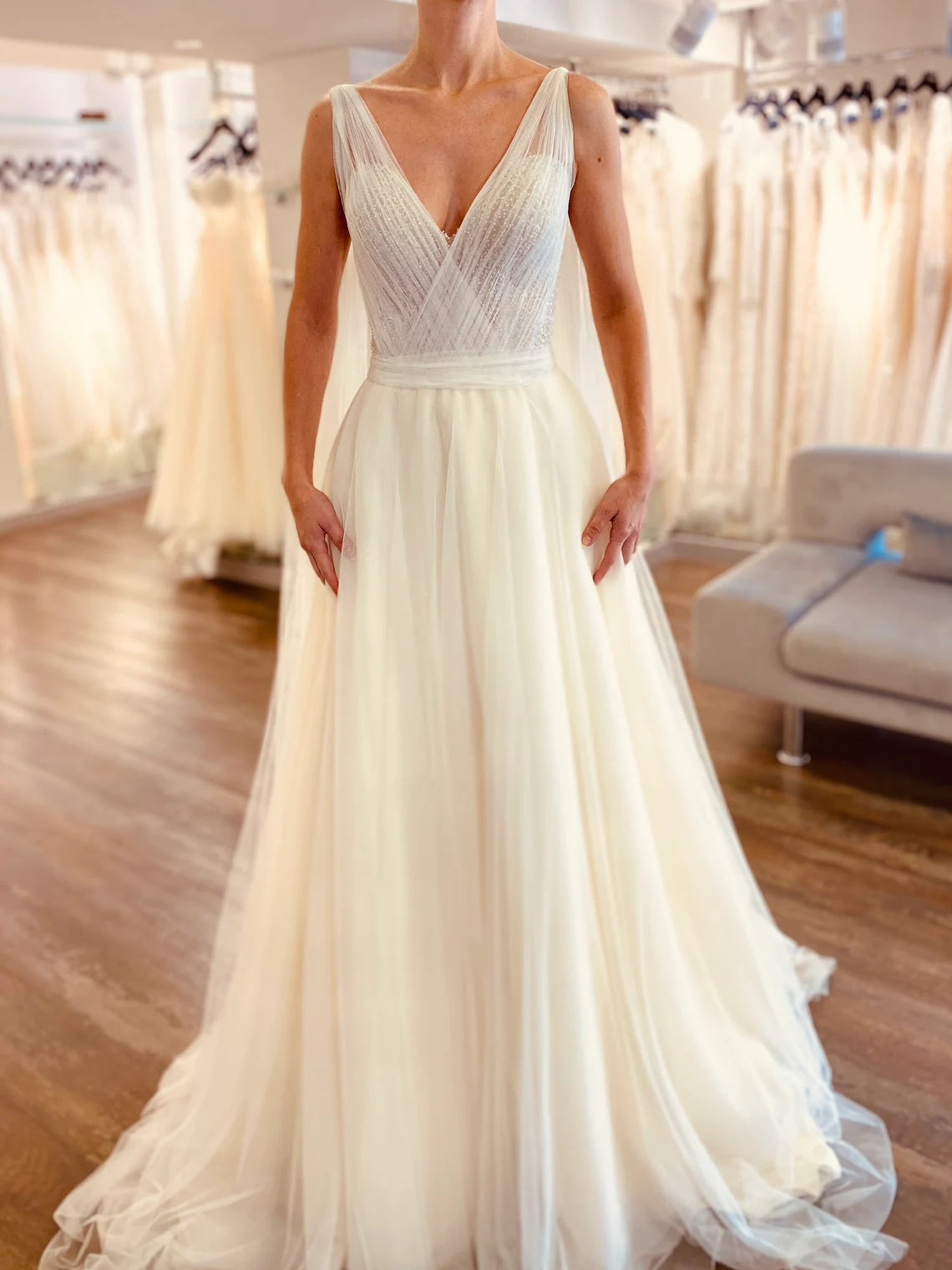 Deep V Neck Fairy Flutter Sleeve Bridal Gown Tulle Sleeveless A-line  Lace Ivory Bridal Gown Hellenistic Bridal Gown