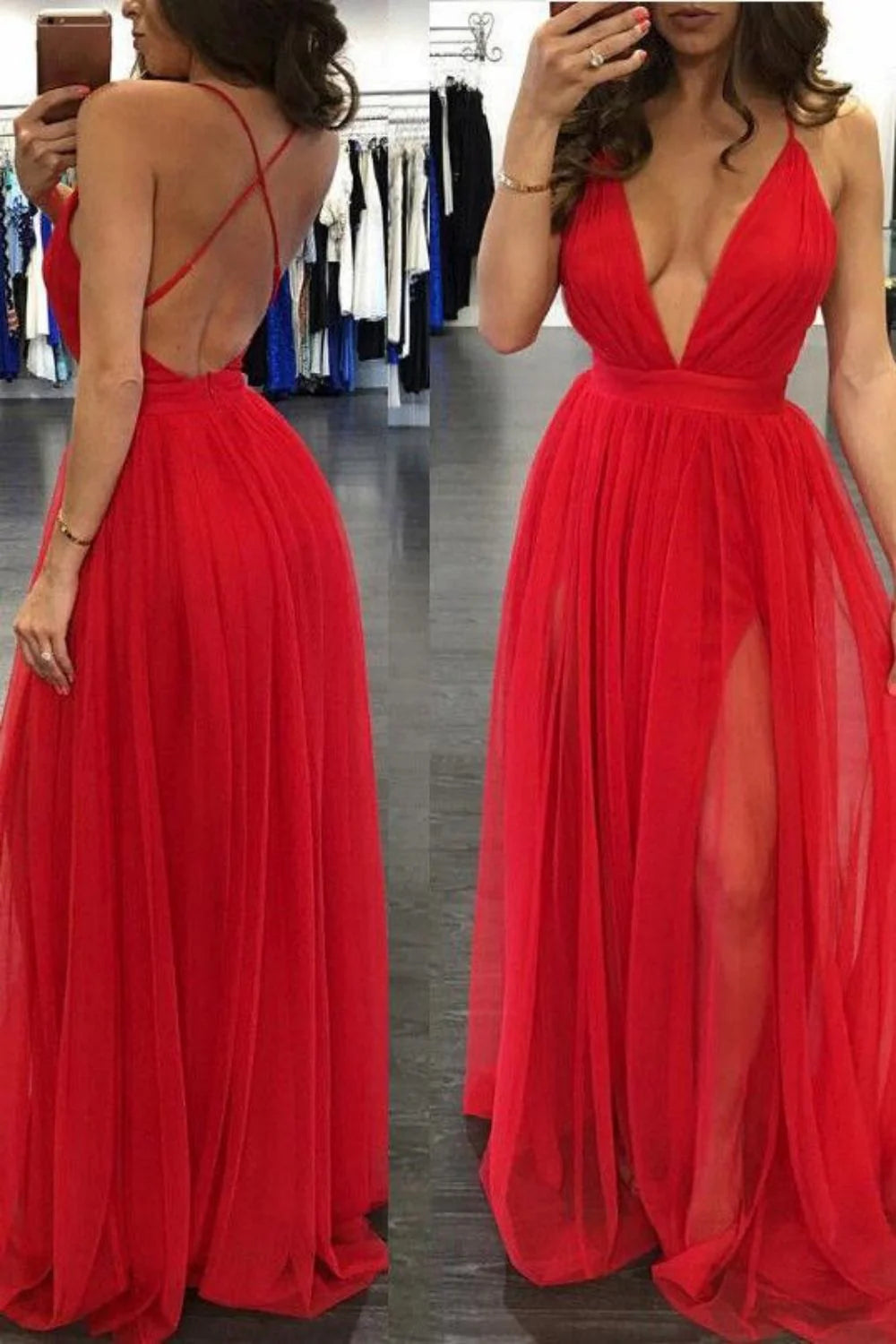 Robe de bal longue sexy à bretelles spaghetti et décolleté en V profond avec dos nu