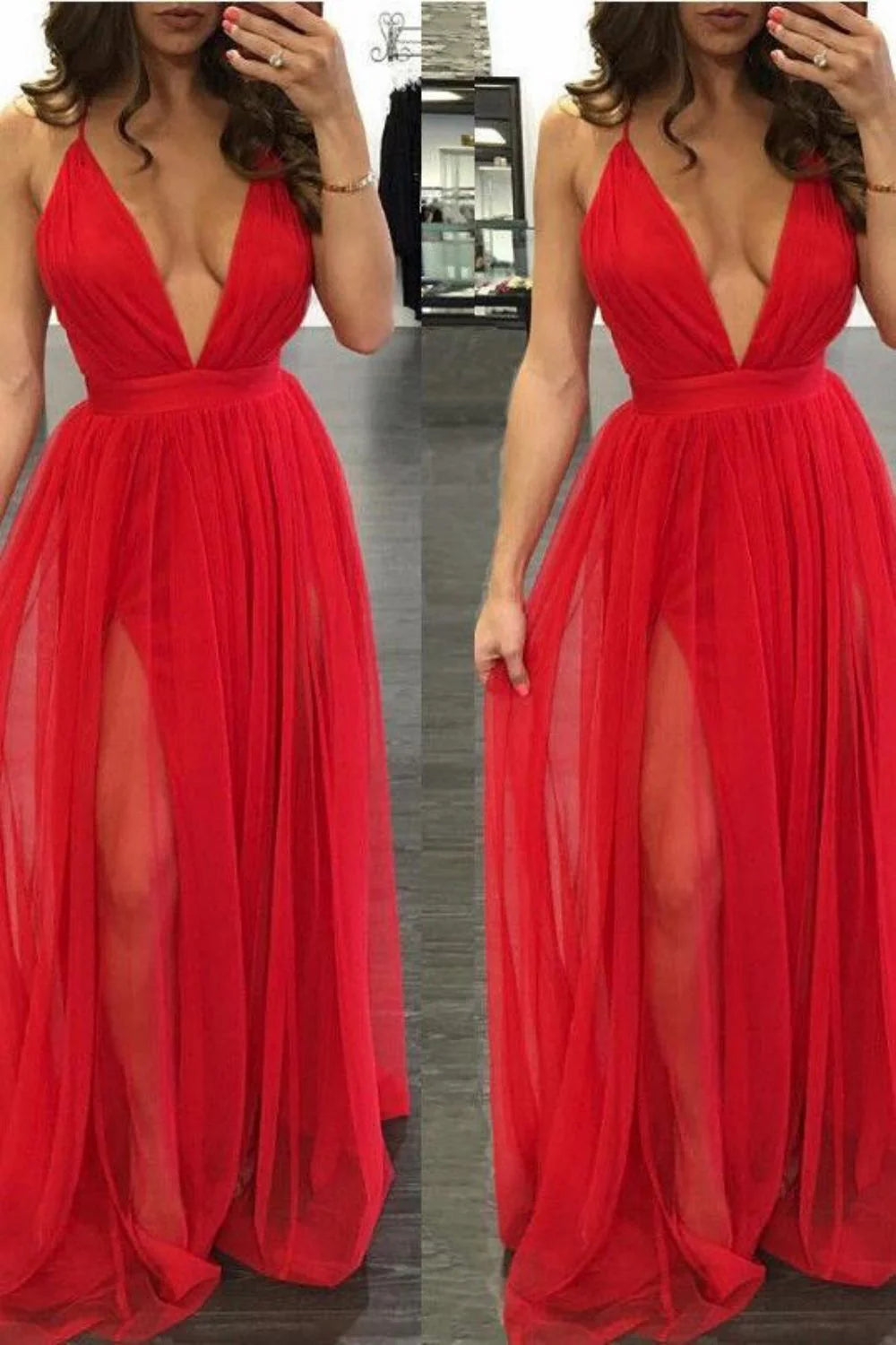 Robe de bal longue sexy à bretelles spaghetti et décolleté en V profond avec dos nu
