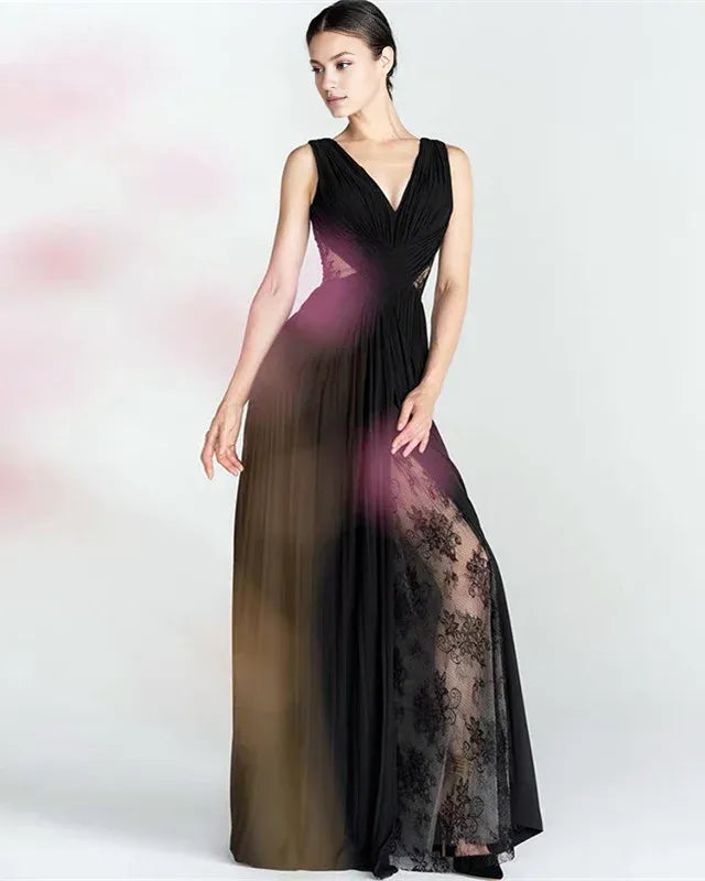 Deep V Neck Sheer Lace Back Prom Dresses Chiffon Pleated