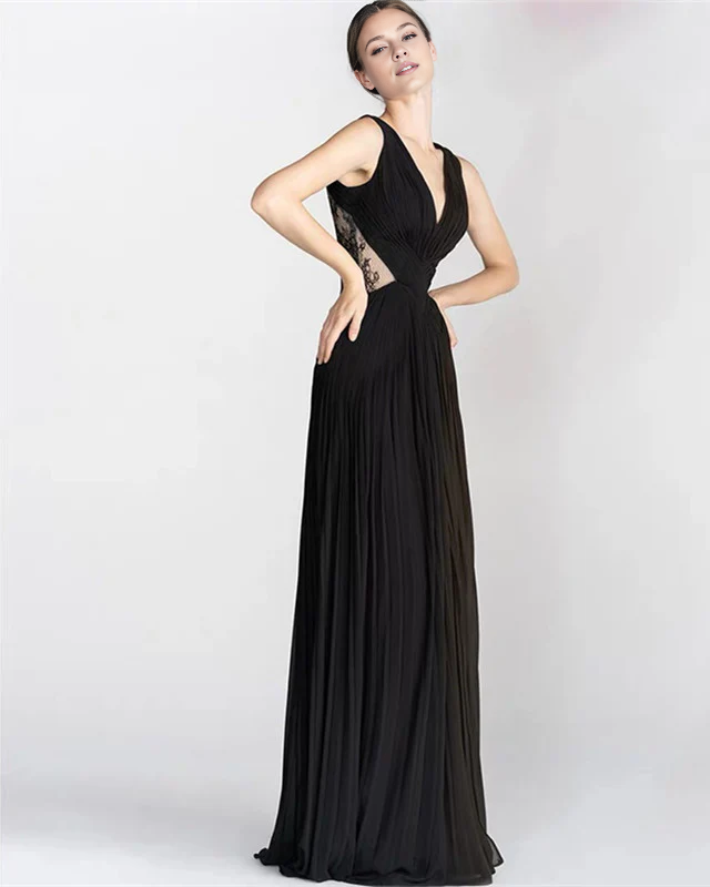 Deep V Neck Sheer Lace Back Prom Dresses Chiffon Pleated